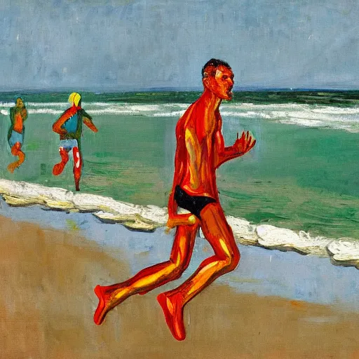 Prompt: a running man on the beach, long arm, painted by Asger Jorn, Peter Doig, minimalist oil paint with thick brushstrokes of paint, ultra detailed 16k