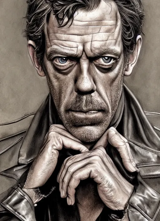 Image similar to portrait of hugh laurie, gritty, dark, wearing a leather jacket, very detailed eyes, hyperrealistic, very detailed painting by Glenn Fabry, by Joao Ruas, by Artgerm
