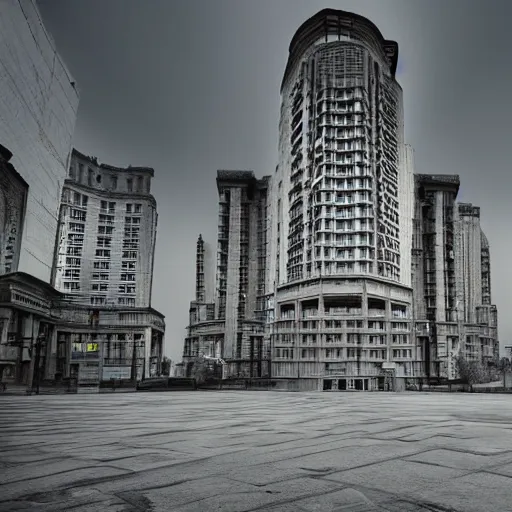 Image similar to wide - angle view of a deserted city with brutalism architecture and stone buildings with overcast and foggy weather. detailed, ultra - realistic, 4 k.