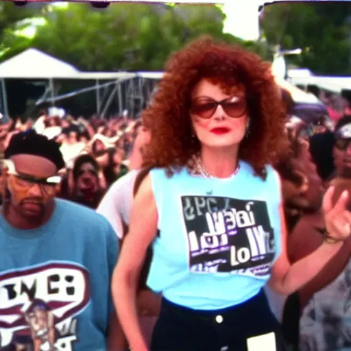 Image similar to 1 9 9 0 s video still of susan sarandon, wearing hip hop urban clothing, rapping on stage at a small outdoor concert, vhs artifacts