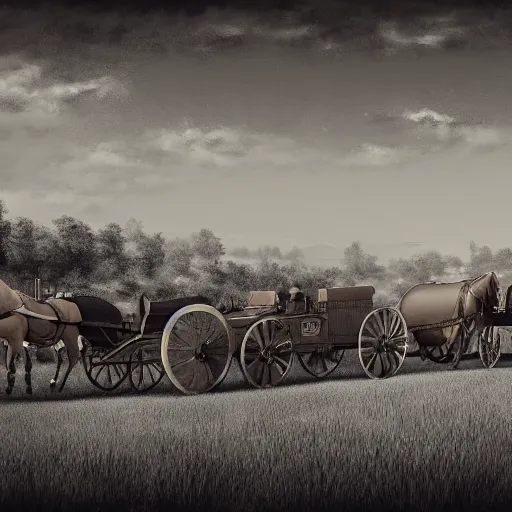 Image similar to a monochromatic sepia photograph of a delorean time machine traveling with covered wagons and pioneers on the oregon trail, trending on art station,