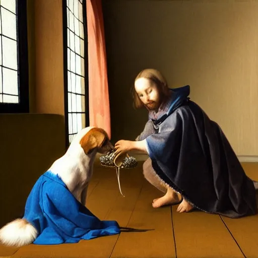 Prompt: dog feeding his pet human, an ultra high definition professional studio quality photograph, trending on artstation, vermeer.