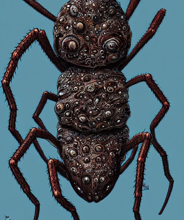 Image similar to a full body portrait, wide angle view of a spider with a carapace and an elongated neck and head, lovecraftian horror!, surrealism, fantasy, intricate, elegant, highly detailed, digital painting, artstation, concept art, matte, sharp focus, illustration, art by keith thompson and christopher lane