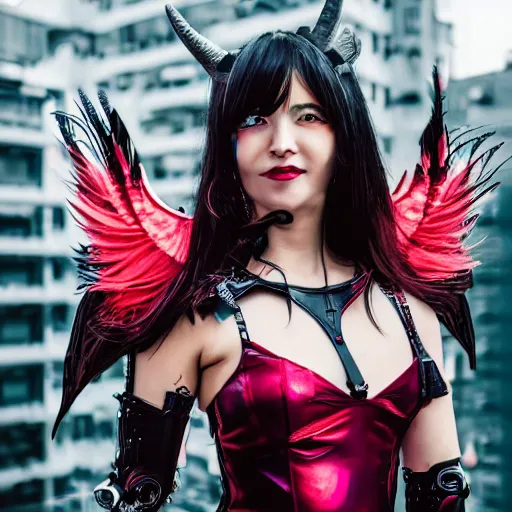 Image similar to portrait futuristic Devil Girl with horns and wings and feathers and armor stuuing smile in future cyberpunk tokyo rooftop sci-fi fan