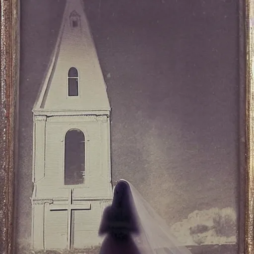 Prompt: picture of ghostly bride in front of an old wooden white church, 1 9 th century southern gothic scene, made by achenbach, andreas