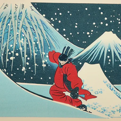 Image similar to man snowboarding snowing woodblock print, style of hokusai winter, fine art, style of kanagawa, painting