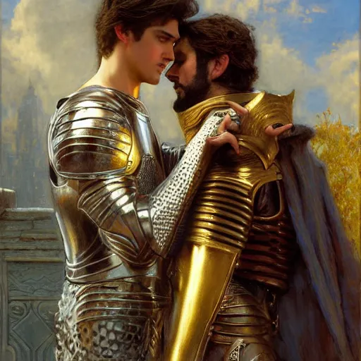 Image similar to attractive fully clothed prince confesses his love for his attractive fully clothed male knight. highly detailed painting by gaston bussiere, craig mullins, j. c. leyendecker 8 k