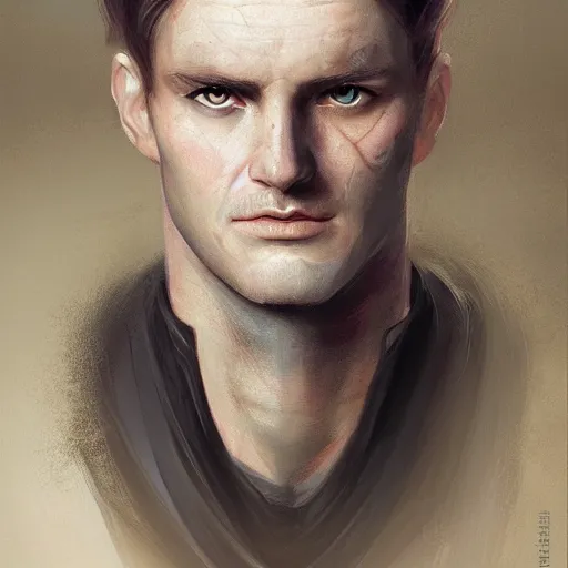 Image similar to a detailed matte head - on portrait painting of an middle - aged nobleman with golden eyes and short well kept hair, by charlie bowater, lise deharme, wlop, tending on arstation, dungeons and dragon, dnd, pathfinder, fanart, oil on canvas