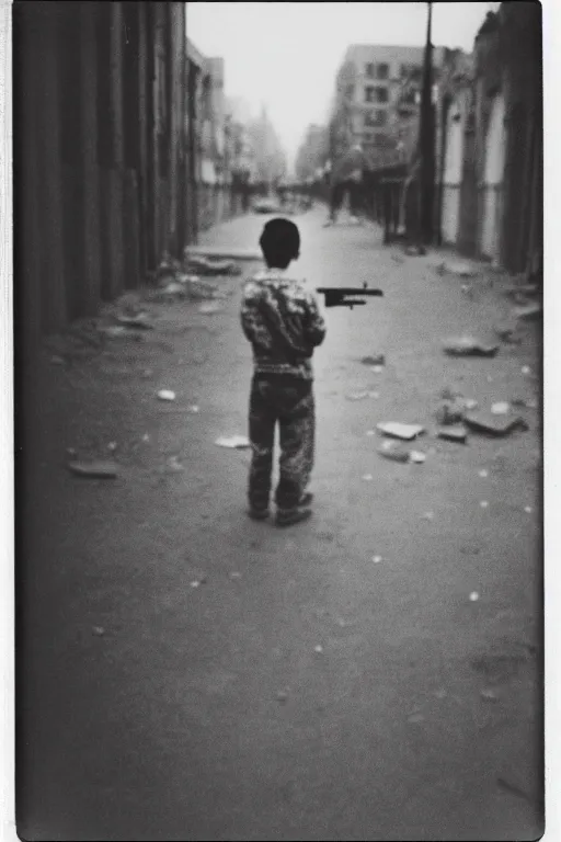 Prompt: photo polaroid of a sad and lonely child in a city devastated by bombs has a gun in his hand, loneliness,war, black and white ,photorealistic, 35mm film,