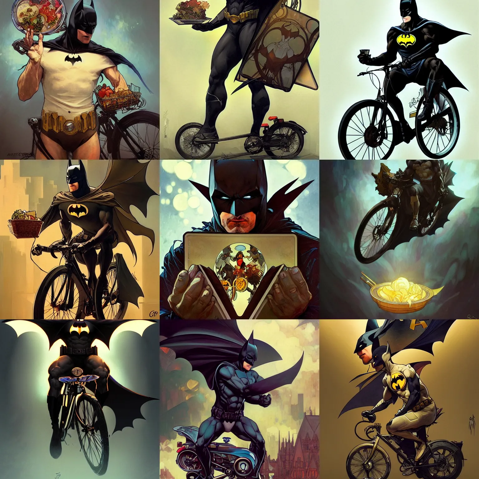 Prompt: digital character concept art by artgerm and greg rutkowski and alphonse mucha. batman as food delivery on bicycle, beautiful, holding a stuff, detailed, poster art, light effect, glowing, hyper detail, intricate, elegant, digital painting, artstation, smooth, sharp focus