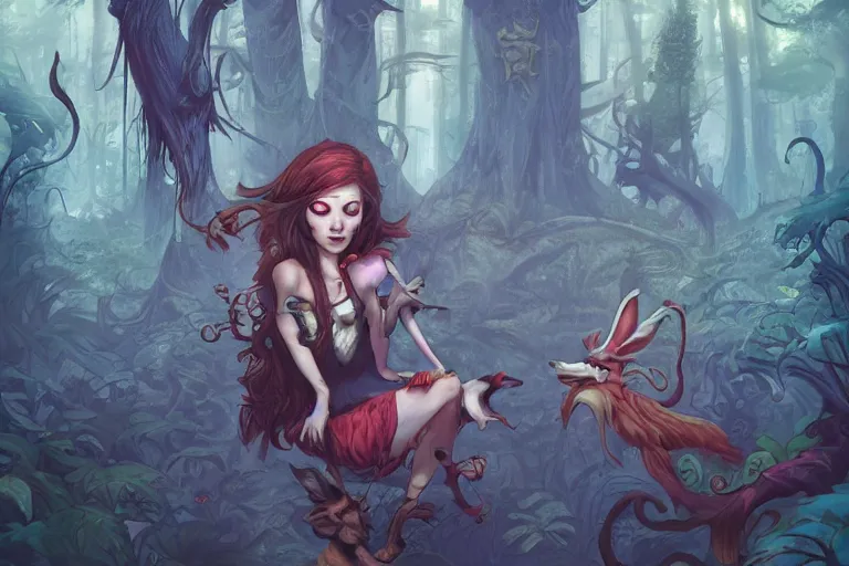 Image similar to forest, american mcgee's alice, sharp focus, artstation, trending, by julie dillon, luis melo, tyler miles lockett, lei jin, hong lei, ken wong, adam narozanski, joy ang