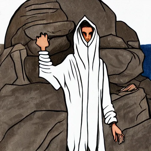 Image similar to a painting in gothic style of a guy with white hoodie pushing a big rock. modern clothes