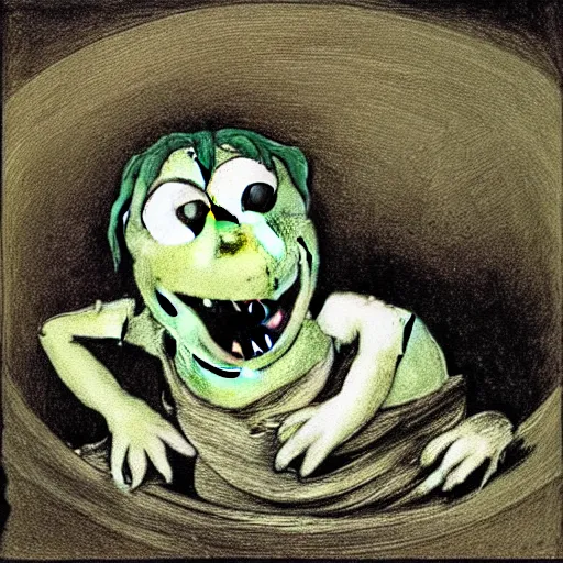 Image similar to “Kermit the Frog Devouring His Son” by Francisco Goya, in the style of “Saturn Devouring His Song”, fresco, horror