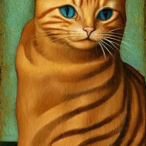 Image similar to Leonardo Da Vinci portrait of a ginger tabby cat wearing a beautiful outfit