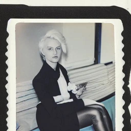 Prompt: Platinum-blonde-haired hime-cut blue-eyed French empress wearing white leggings, black jacket, boots, sitting in public housing apartment, Polaroid photo
