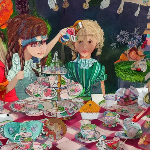 Image similar to A highly detailed and beautiful illustration of an Alice in Wonderland style tea party, with stunningly realistic and sharp focus close up details, by Lulu Chen, for a top-rated and award winning children's book