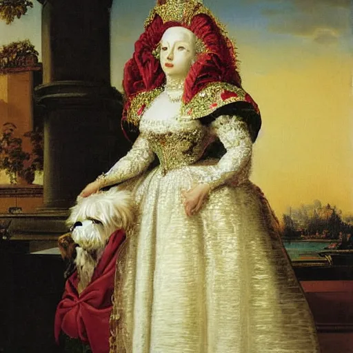 Image similar to portrait of a white poodle as an italian queen, painting by rafael