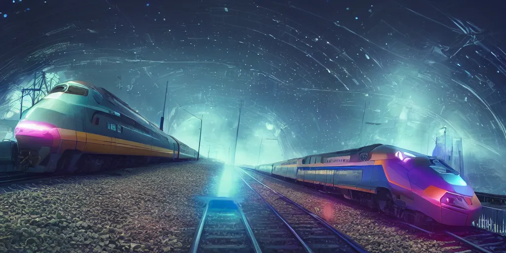 Image similar to inter dimensional sci - fi train far future, travelling across the stars, cosmos, galaxy, concept art, dreamy, render by octane and blender, hyper realistic, cinematic lighting, unreal engin 5, by dominic mayer, 8 k, vray render, artstation, deviantart