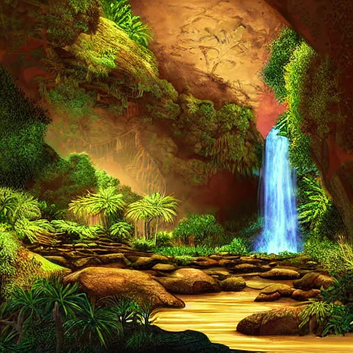 Image similar to ancient temple,plants and waterfalls in the interior of a cave,digital art