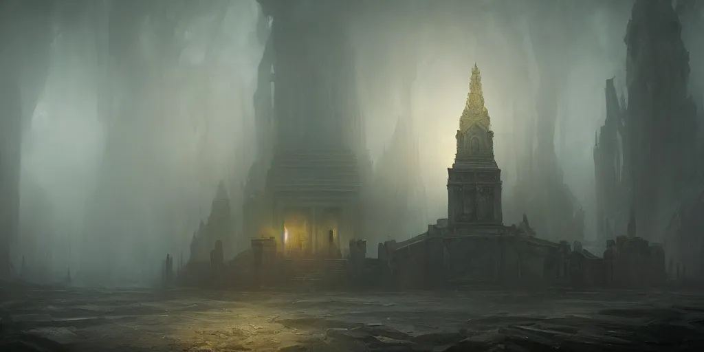 Image similar to Hyper realistic painting depicting temple of an eldrich god, horror, fog, dark fantasy, volumetric lighting, by greg rutkowski, trending on artstation