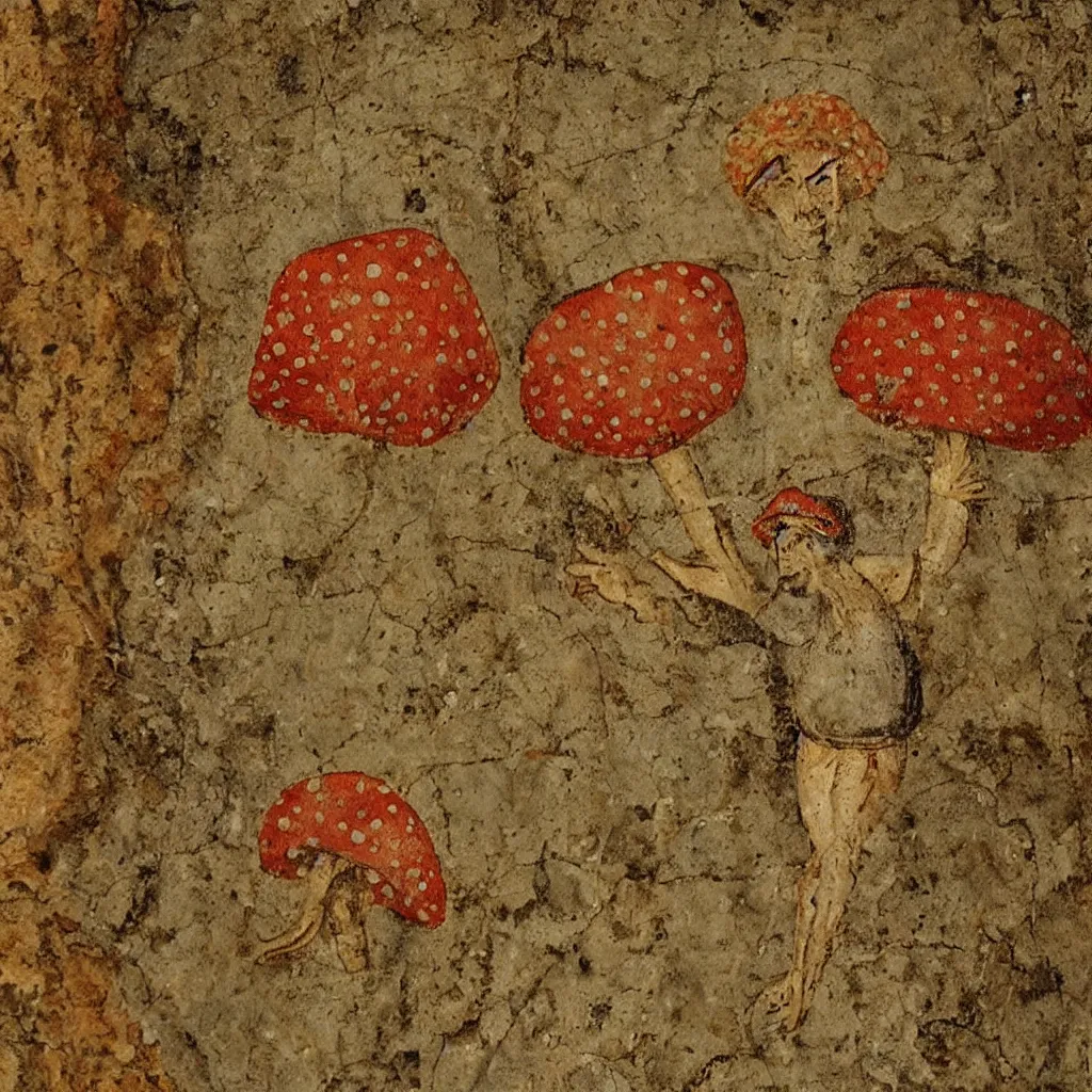 Image similar to medieval fresco of a man riding on top of an amanita muscaria mushroom