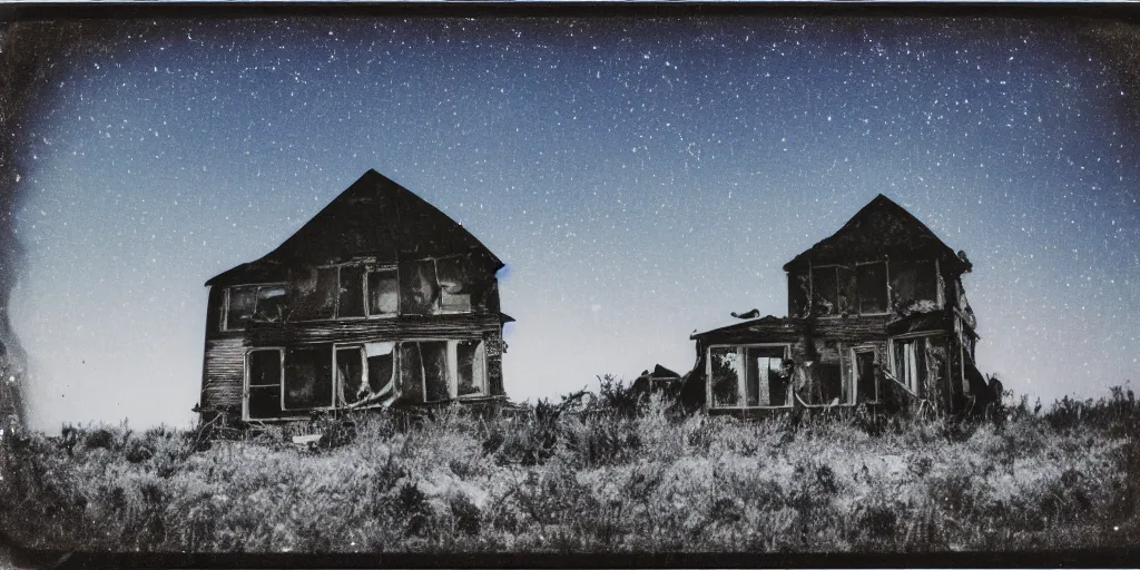 Prompt: polaroid photo of an abandoned house on a wasteland, colourful starry sky, slight color bleed, grain