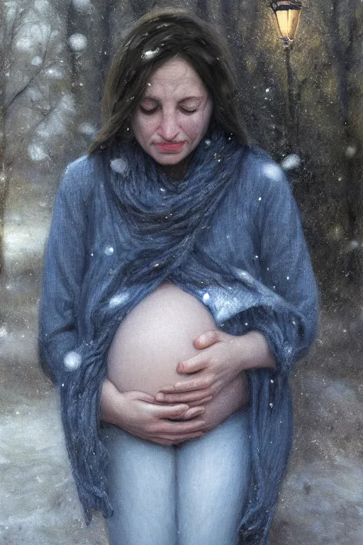Image similar to sobbing pregnant woman under street light, jeans and sweater, winter, by Alyssa Monks, Bouguereau