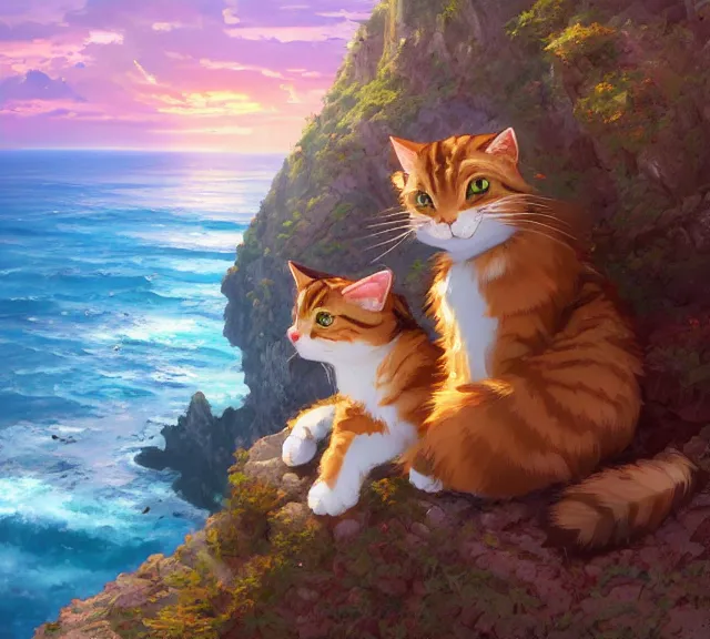 Image similar to a tabby cat sitting on a cliff overlooking the sea. Atmospheric lighting, sunset, blue sea. By Makoto Shinkai, Stanley Artgerm Lau, WLOP, Rossdraws, James Jean, Andrei Riabovitchev, Marc Simonetti, krenz cushart, Sakimichan, trending on ArtStation, digital art.