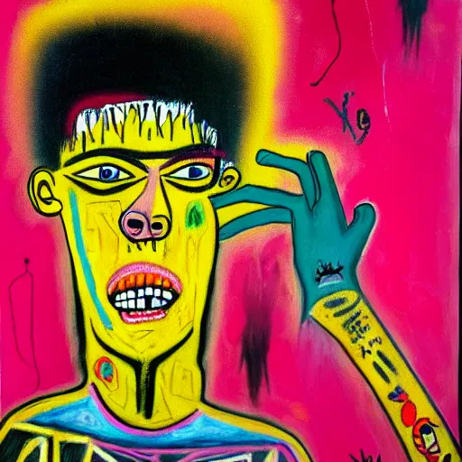 Image similar to pink and yellow and red detailed neo expressionism oil painting of sad boy rapper crying with tattoos by basquiat