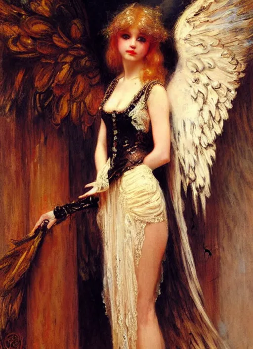 Image similar to vertical prtrait of an angel knight gothic girl, baroque dress. by gaston bussiere