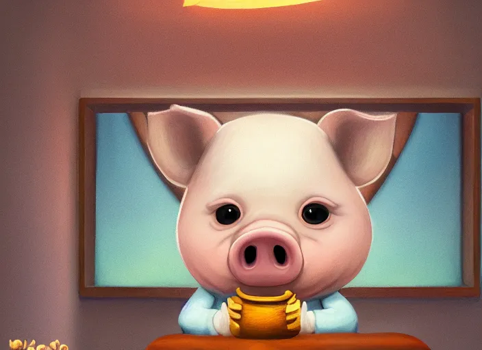 Prompt: a cartoonish cute anthropomorphic pig is watching tv in a beautiful home, magical atmosphere, trending on artstation, 30mm, by Noah Bradley trending on ArtStation, deviantart, high detail, stylized portrait H 704