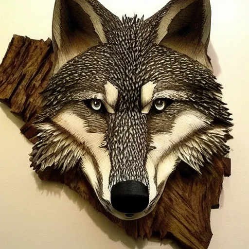 Image similar to wolf made out of wood, howling, realistic, very detailed, night sky,