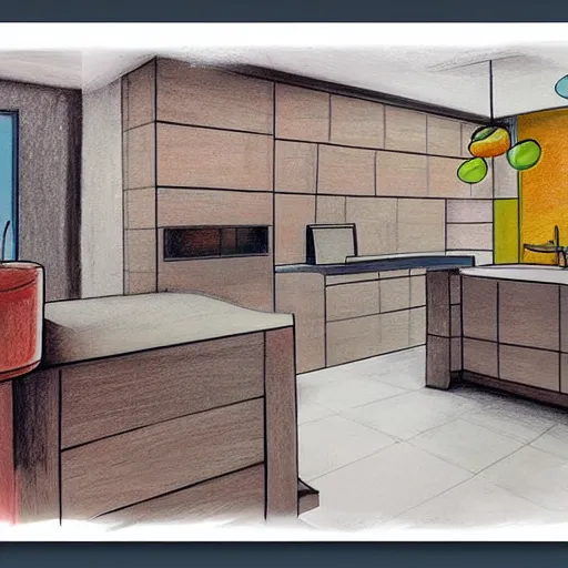 Prompt: colored pencil sketch of modern kitchen, trending on artstation