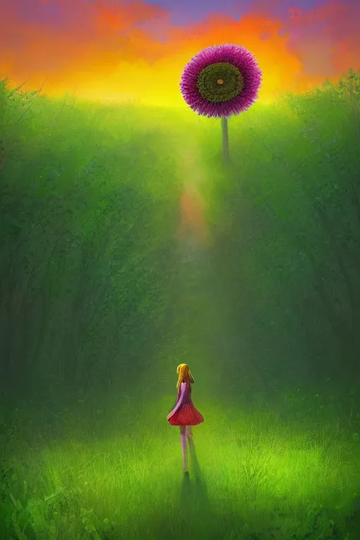 Image similar to giant daisy flower head, girl walking in a green forest, surreal photography, sunrise, dramatic light, impressionist painting, colorful clouds, digital painting, artstation, simon stalenhag