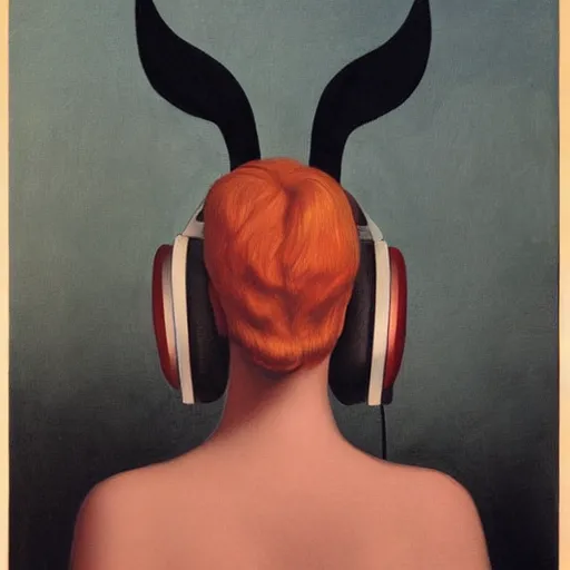 Image similar to a Evil-Satan-Demon listening to Headphones by Raphael, Hopper, and Rene Magritte. detailed, romantic, enchanting, trending on artstation.