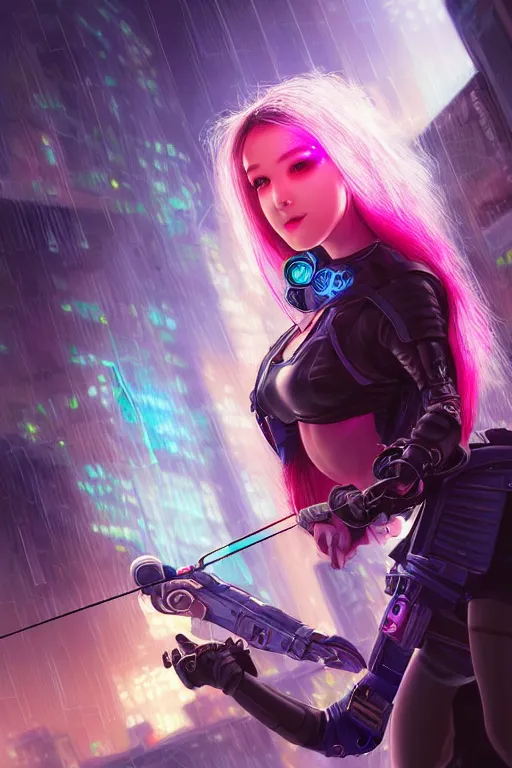 Image similar to portrait futuristic adorable cyberpunk young female archer, in futuristic stormy thunder light tokyo rooftop cyberpunk night, ssci-fi, fantasy, intricate, very very beautiful, elegant, neon light, highly detailed, digital painting, artstation, concept art, soft light, hdri, smooth, sharp focus, illustration, art by tian zi and craig mullins and WLOP and alphonse mucha