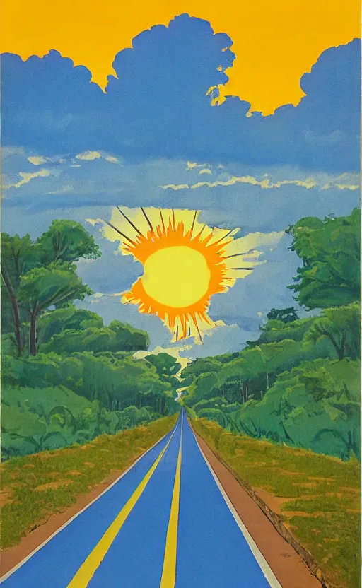 Prompt: paperback book cover. 1 9 8 0 s. pure colors, melting clouds, accurately drawn details, a sunburst above a receding road with the light reflected in furrows and ruts, after rain. and no girls.