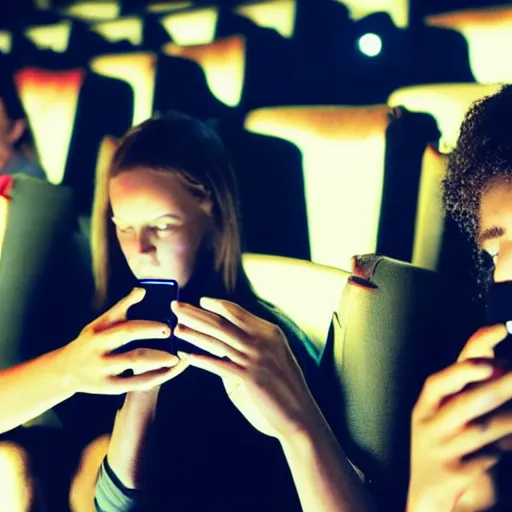 Image similar to people in a very dark movie theatre playing on their cellphones, faces illuminated by cellphone light