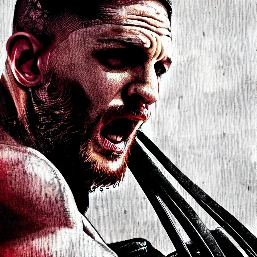 Image similar to Tom Hardy in wolverine suit Digital art 4K quality