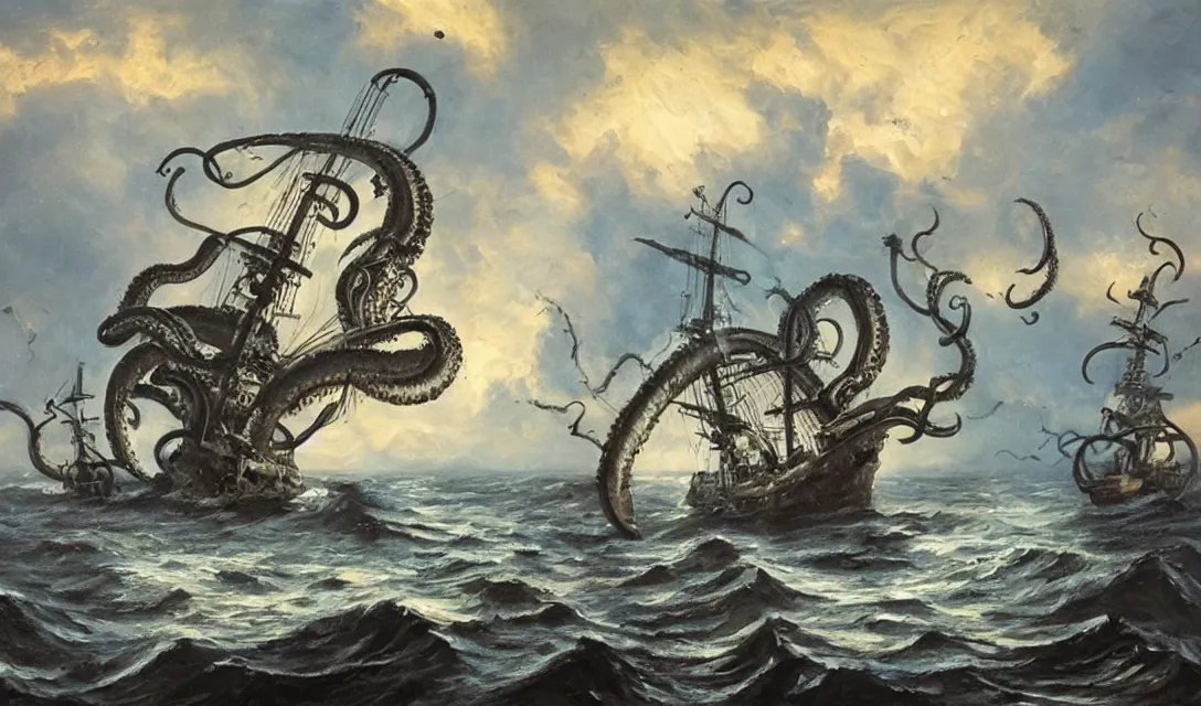Image similar to oil painting of a kraken attacking a pirate ship
