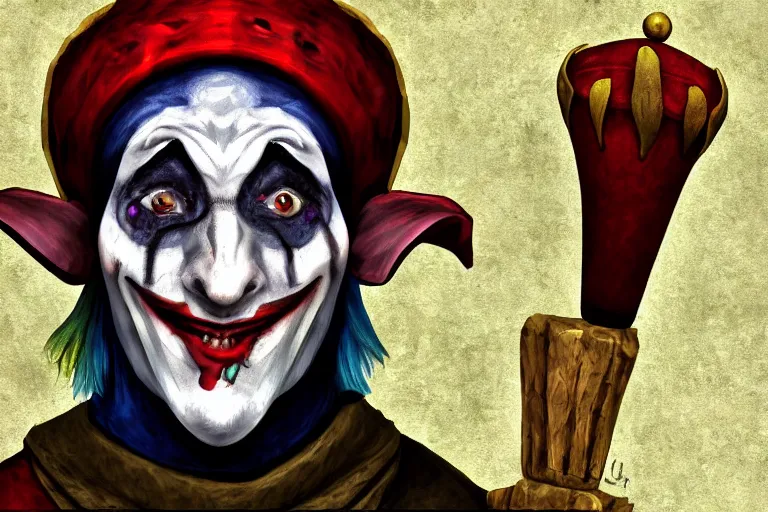 Image similar to medieval jester, sinister, digital art, painting, portrait,