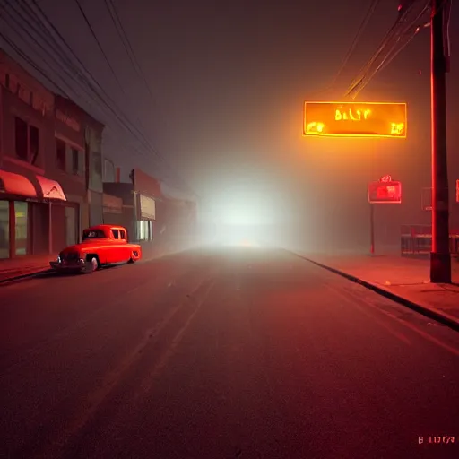 Image similar to A stunningly beautiful award-winning 8K high angle cinematic movie photograph of a dark foggy main intersection in an abandoned 1950s small town at night, by Edward Hopper and David Fincher and Darius Khonji, cinematic lighting, perfect composition, moody low key volumetric light. Color palette from Seven, greens yellows and reds. 2 point perspective, high angle from 15 feet off the ground. Octane render, cgsociety