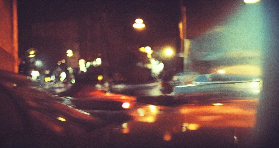 Image similar to man screaming in frustration in the front seat of his car that is parked in a city alleyway, night time, illuminated by street lights, technicolor, lomography cn 8 0 0, grainy abstract experimental expired film photo by saul leiter, cinematic colors, oversaturated filter, reflection, refraction, atmospheric detail