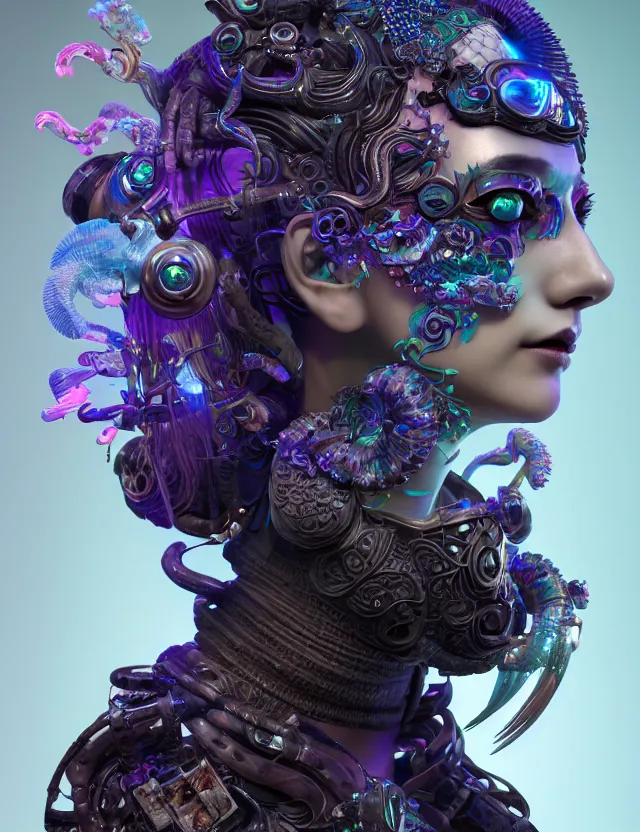 Image similar to 3 d goddess close - up profile portrait cyberpunk with ram skull. beautiful intricately detailed japanese crow kitsune mask and clasical japanese kimono. betta fish, jellyfish phoenix, bio luminescent, plasma, ice, water, wind, creature, artwork by tooth wu and wlop and beeple and greg rutkowski