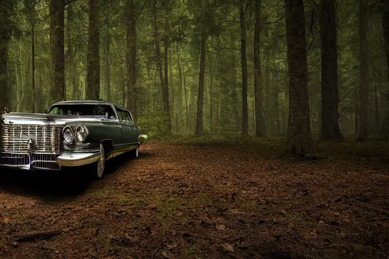 Image similar to a beautiful widescreen photo of a old cadillac upsidedown in a dark forest, mushrooms, in a dark forest low light, by dimitri mellos