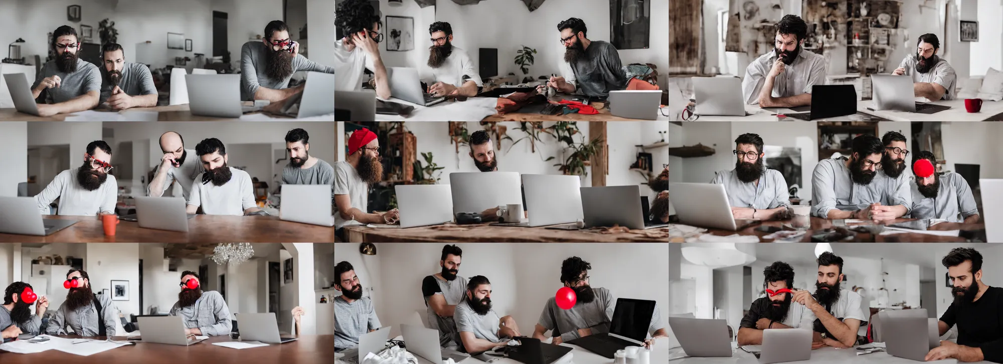 Prompt: a bearded guy in a designer house with a red nose sick realistic photography working on two laptops