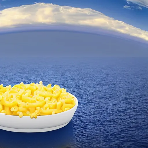 Image similar to On the flat earth, the oceans are prevented from falling off the edge by a giant wall made of macaroni and cheese. Photograph.