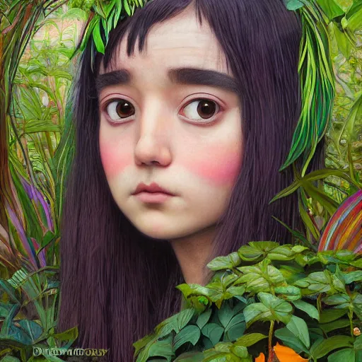 Image similar to real girl dora the explorer, exterior botanical garden, portrait face, colorful, frantisek kupka, intricate, miles johnston, kuroda seiki, cynical realism, ozabu, john william godward, painterly, yoshitaka amano, moebius, miles johnston, louise zhang, james jean, mark ryden lowbrow pop surrealism art style