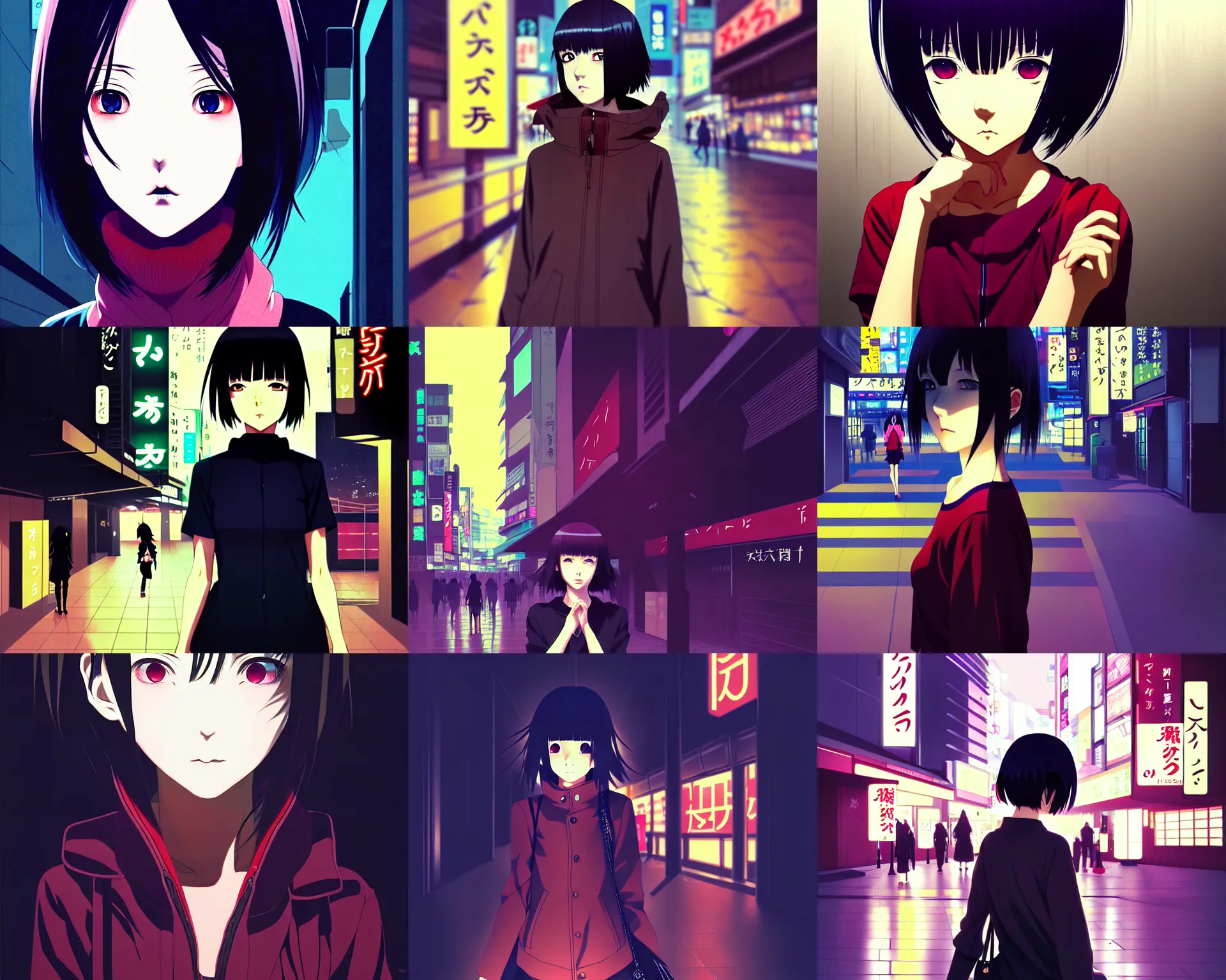 Prompt: anime visual, dark portrait of a young female traveler in shibuya at night shopping, very low light, beautiful face by ilya kuvshinov, yoh yoshinari, dynamic pose, dynamic perspective, cel shaded, flat shading mucha, rounded eyes, moody, detailed facial features, ghost in the shell