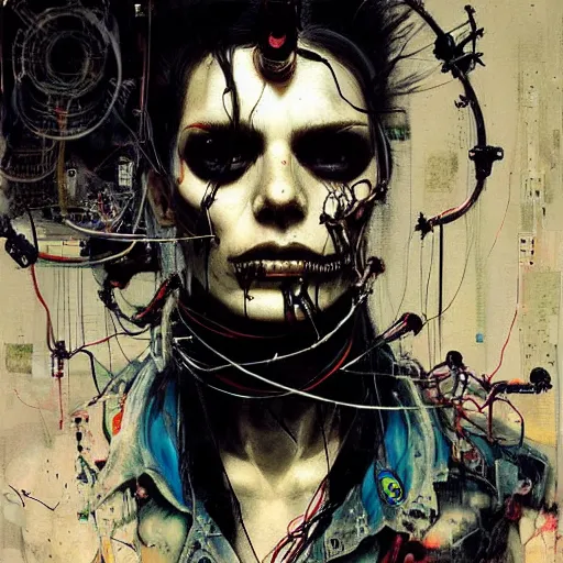 Image similar to in a dark room, a male cyberpunk hacker, skulls, wires cybernetic implants, machine noir steelpunk grimcore, in the style of adrian ghenie esao andrews jenny saville surrealism dark art by james jean takato yamamoto and by ashley wood